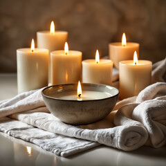 A collection of lit candles, with some placed on a table and others on a towel. A bowl is also present among the candles. - obrazy, fototapety, plakaty
