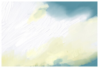 Impressionistic Cloudscape with Paint Texture in Yellow & Teal - Art, Illustration, Digital Painting, Artwork, Design