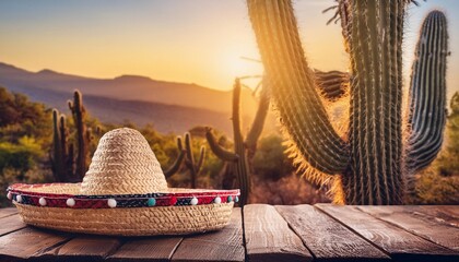 cinco de mayo holiday background with mexican cactus and party sombrero hat on wooden table