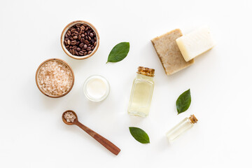 Top view of spa body care cosmetic with coffee scrub and soap