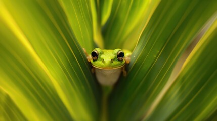 Frog peeking out background. A cute green tree frog peeks out from the edge of a solid color background.