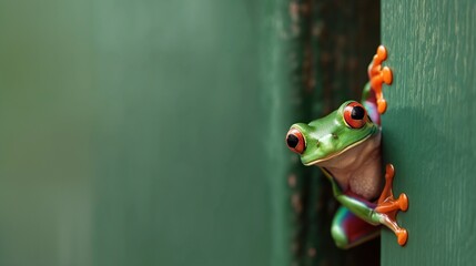 Frog peeking out background. A cute green tree frog peeks out from the edge of a solid color background.