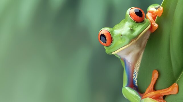Frog peeking out background. A cute green tree frog peeks out from the edge of a solid color background.