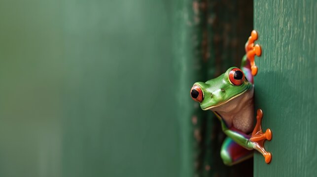 Frog peeking out background. A cute green tree frog peeks out from the edge of a solid color background.