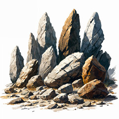 A collection of rock formations, with varying shades of brown and gray, arranged in a somewhat scattered manner on the ground. - obrazy, fototapety, plakaty