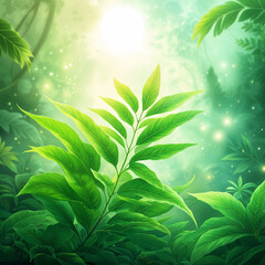 A vibrant green plant with large, glossy leaves set against a backdrop of a sunlit forest. - obrazy, fototapety, plakaty