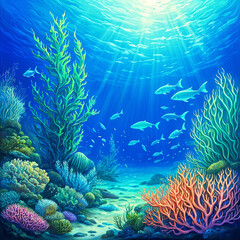 A vibrant underwater scene, with various types of coral and marine life, including fish, set against the backdrop of the ocean floor. - obrazy, fototapety, plakaty