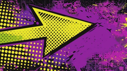 Vibrant Wide-Format Pop Art Image with Lime Green Arrow Symbol Against Deep Purple Backdrop, - obrazy, fototapety, plakaty