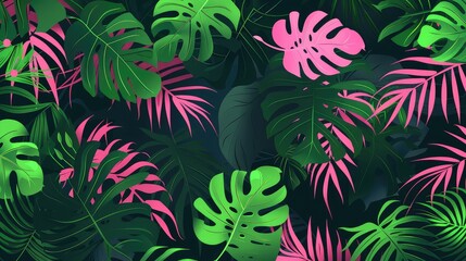 Exquisite Abstract Botanical Background Vector: A Harmonious Blend of Tropical Plants, Flowers, and Leaves in Vibrant Green and Pink Tones - obrazy, fototapety, plakaty