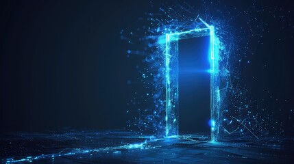Futuristic Digital Doorway: Abstract Low Poly Portal with Neon Lights in Tech Blue on Dark Background - obrazy, fototapety, plakaty