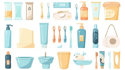  Flat Bath Icons: Comprehensive Set of Hygiene Products and Accessories for Bath, Shower, Toilet, and Healthcare - obrazy, fototapety, plakaty