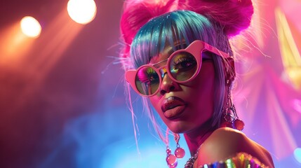 Elegant Queen in Vibrant Makeup and Wigs, Posing on Stage with Dramatic Lighting and Colorful Backdrops - obrazy, fototapety, plakaty