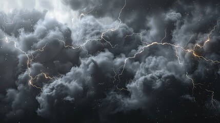 Dramatic Black Storm Clouds with Lightnings and Smoke, Isolated on Transparent Background - obrazy, fototapety, plakaty