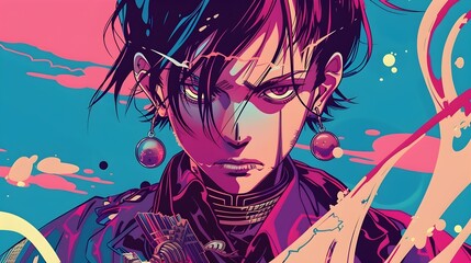 Captivating Anime Inspired Character in Vintage Poster Style with Vibrant Magenta and Cyan Hues