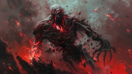 Demonic Undead Creature Unleashing Malevolent Power from its Ravaged Chest in Nightmarish Apocalyptic Landscape