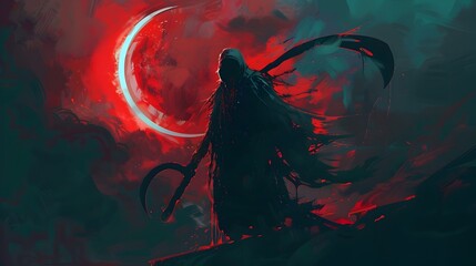 Grim Reaper Wielding Scythe Against Blood Red Eclipse in Haunting Supernatural Landscape