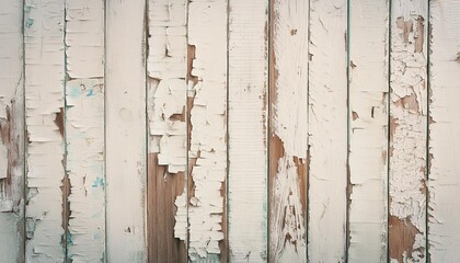 old wooden plank wall painted with white peeling paint rustic background
