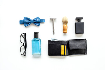 Men beauty concept with accessories and shaving tools with cosmetic beauty products