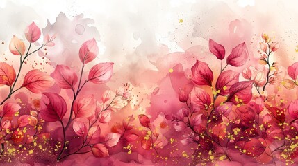 This is a pink abstract art botanical background modern with pink and earth tone watercolor, leaves, flowers, trees and gold glitter. It is suitable for text, packaging, prints, and wall decorations.