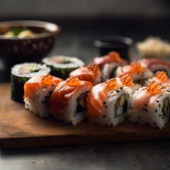 Assorted Sushi Platter with Salmon, Tuna, and Avocado Rolls on Wooden Board
