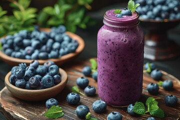 Delicious blueberry smoothie topped with fresh mint, served in a glass jar on a rustic wood board