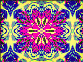 Abstract, colors form a symmetrical pattern that resembles a flower, or mandala with a kaleidoscopic effect. Shades of pink, blue, yellow, and green, within a border