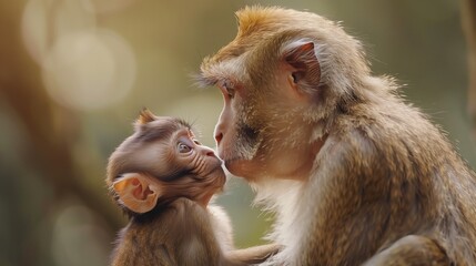 Primate mother joyfully holds baby monkey in lush jungle