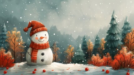 Christmas winter art background modern illustration. Hand painted winter snowy landscape, pine trees, cute snowman, snowflakes and reindeer. Ideal for prints, posters, wallpapers and banners.