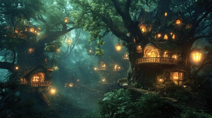 Naklejka premium A fantasy scene of a hidden elven city in an ancient forest, with magical treehouses and glowing lights. Resplendent.