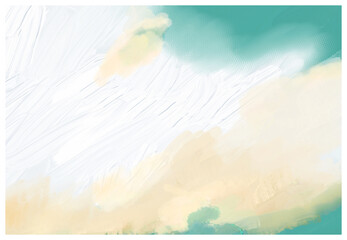  Impressionistic Cloudscape with Paint Texture in Yellow & Green- Art, Illustration, Digital Painting, Artwork, Design