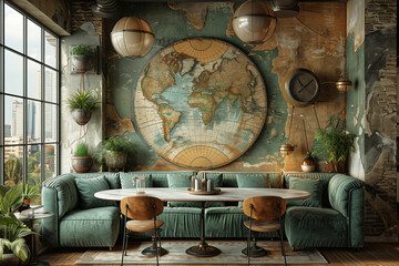 Global Explorer: Urban Loft with Vintage Map and Green Velvet Sofa


