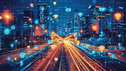 Fototapeta premium A cityscape enhanced with IoT technology, featuring smart streetlights, traffic management systems, and public WiFi access points