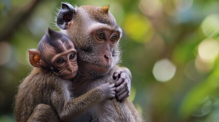 Fototapeta premium Primate mother joyfully holds baby monkey in lush jungle