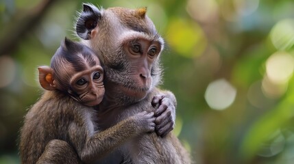 Primate mother joyfully holds baby monkey in lush jungle