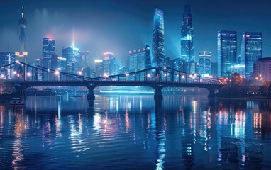 Panoramic night skyline with illuminated skyscrapers and a bridge.