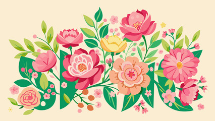  floral font with spring pink flowers cartoon vector illustration