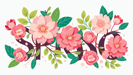  floral font with spring pink flowers cartoon vector illustration