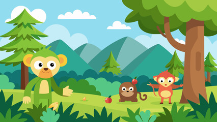 Obraz na płótnie Canvas forest scene with funny monkeys cartoon vector illustration