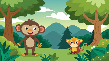 forest scene with funny monkeys cartoon vector illustration