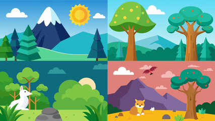  four different nature scene forest cartoon vector illustration