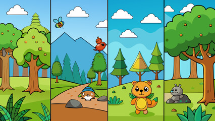  four different nature scene forest cartoon vector illustration
