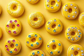elegant yellow donuts embellished with jewels and glitter on yellow background - obrazy, fototapety, plakaty