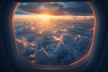 Awe-inspiring cloudscape and sun rays penetrating clouds, as viewed from within an airplane during...