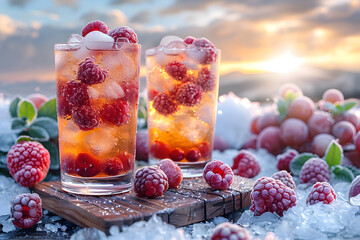 Fresh summer drinks cocktails with berries, fruits, ice and frost on glasses. Vacation open beach bar concept.