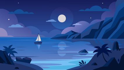free seascape at night cartoon vector illustration