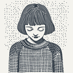 Sad girl. Vintage Woodcut engraving style vector illustration. 