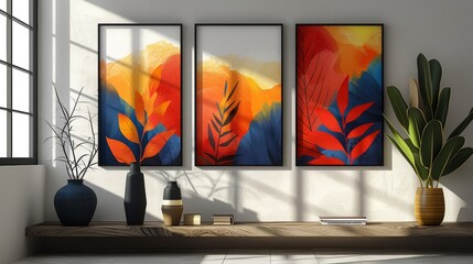 Modern background with colorful organic shapes, foliage, and vase. Abstract painting for interior decoration, print, cover, postcard, and print.