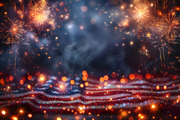 American Flag colors and fireworks mockup background with copy space . 4 July independence day...