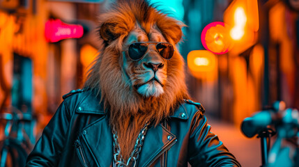 A regal lion in a sleek leather jacket, adorned with silver chains and sporting aviator sunglasses. - obrazy, fototapety, plakaty
