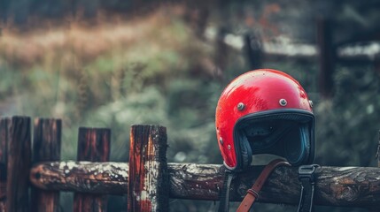 Motorcycle s red helmet displayed on a wooden fence